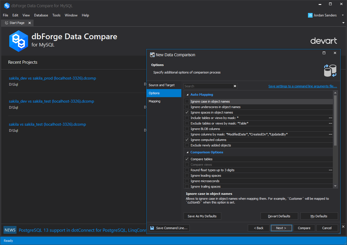 Specifying auto mapping and comparison options within dbForge Data Compare