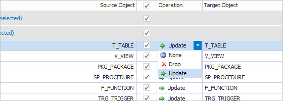 Schema Compare for Oracle: Operations for Compared Objects