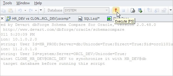 Schema Compare for Oracle: Execute SQL Script