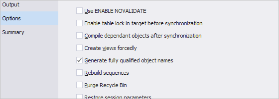 Schema Compare for Oracle: Select General Synchronization Options