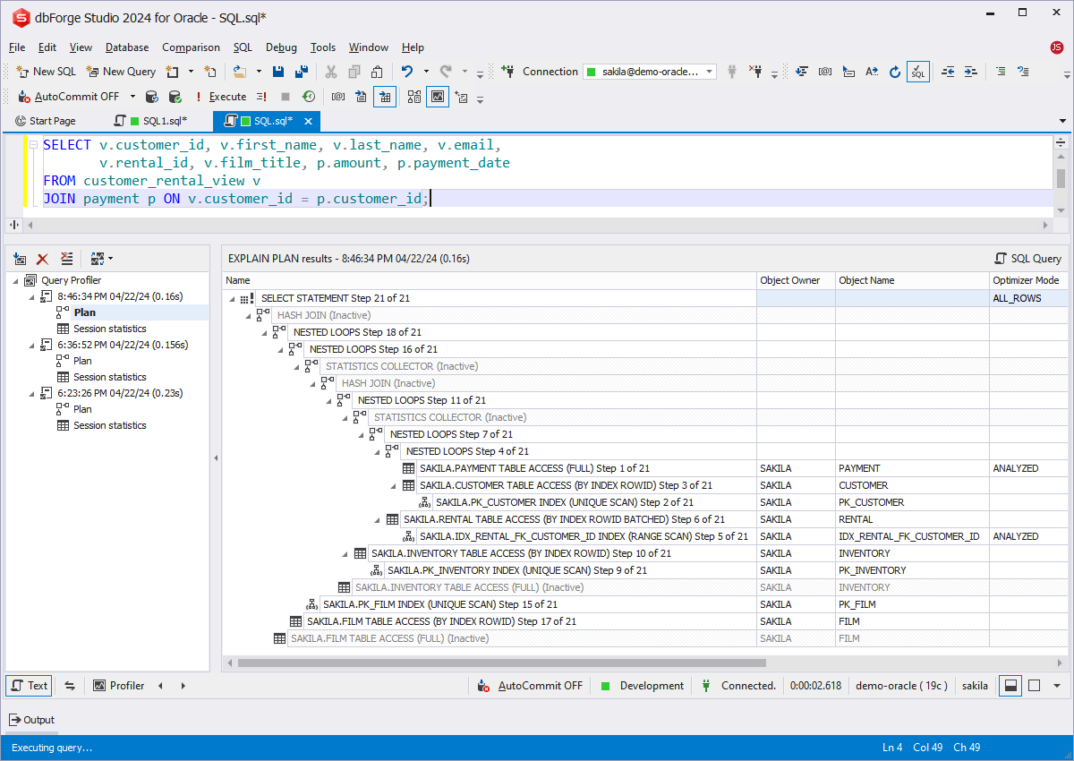 Displaying query profiling results on the Oracle SQL Profiler tree