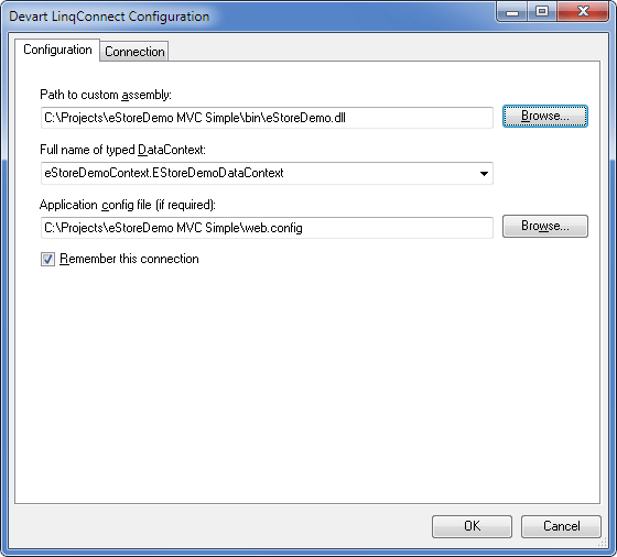 Devart LinqConnect Configuration dialog box in LINQPad - Configuration tab