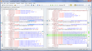 Figure 4: Two versions of a C# project file - Structural Comparison is ON
