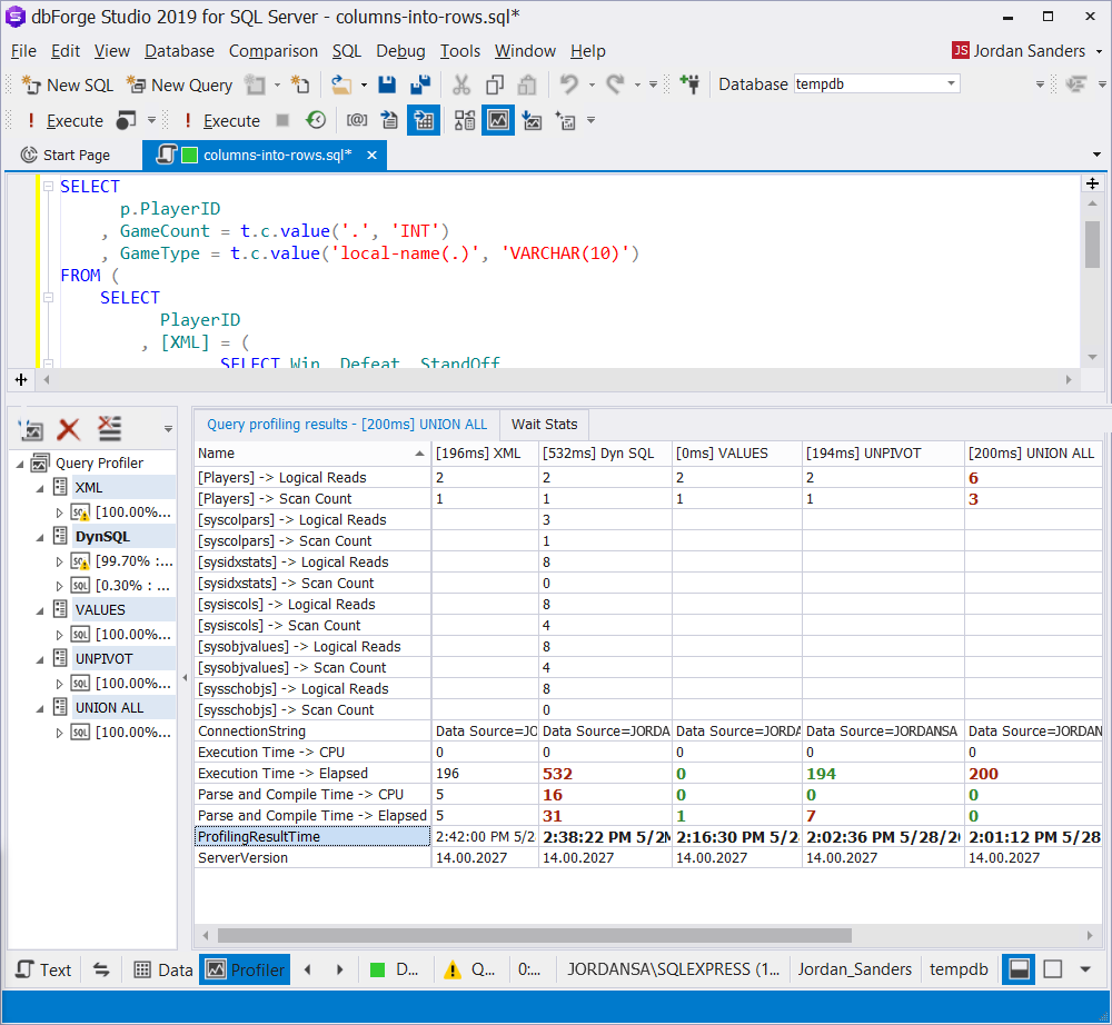Comparing query profiling results
