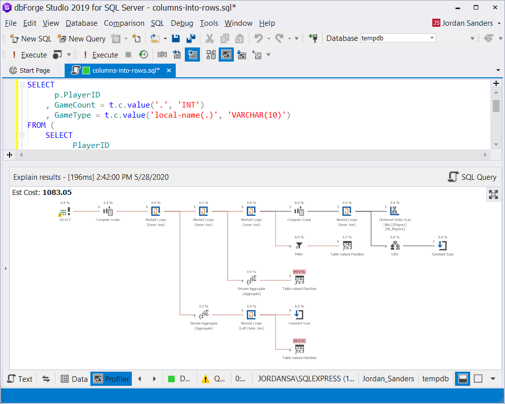 The execution plan of the query with a specified XML