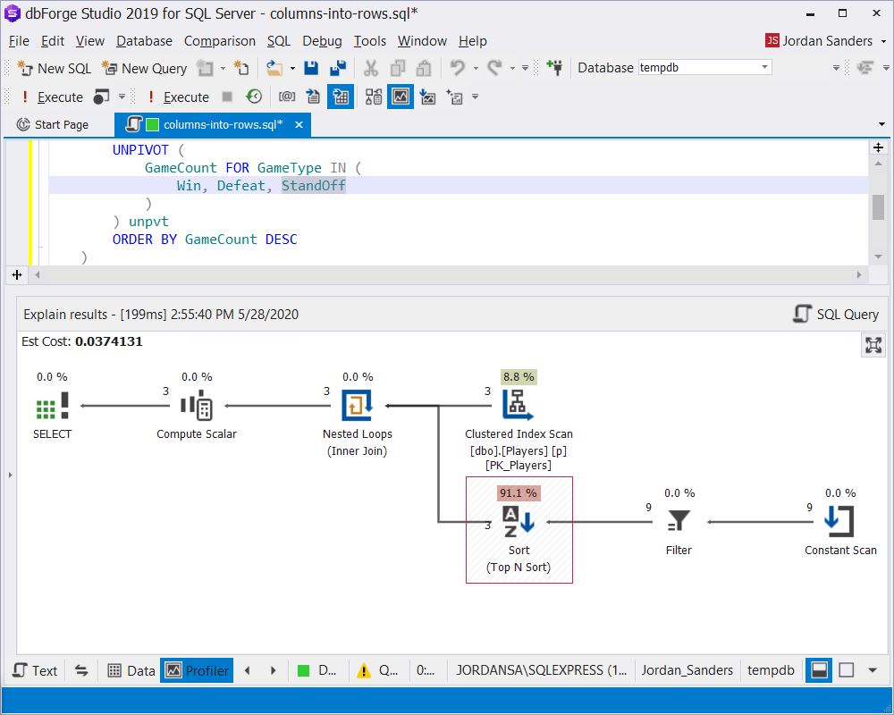 Data sorting displayed in the execution plan