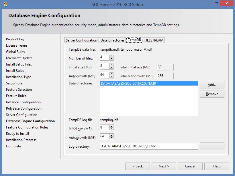Temp DB settings within SQL Server 2016 RC0