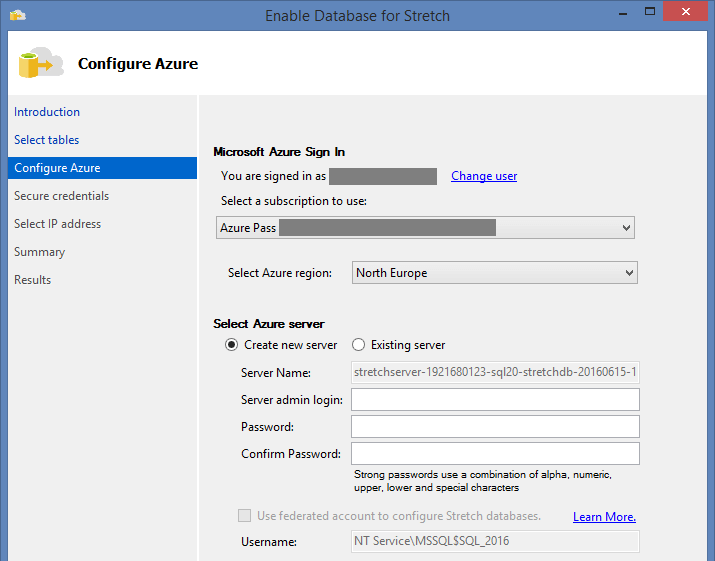 Create new Server in Azure