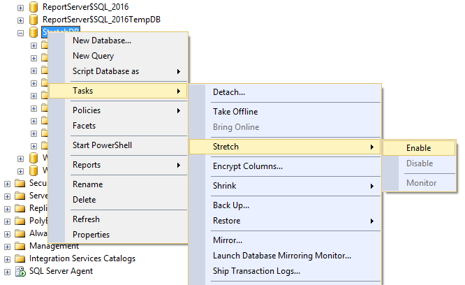 Calling the Stretch Database wizard from SSMS 2016