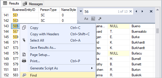 Find in results grid