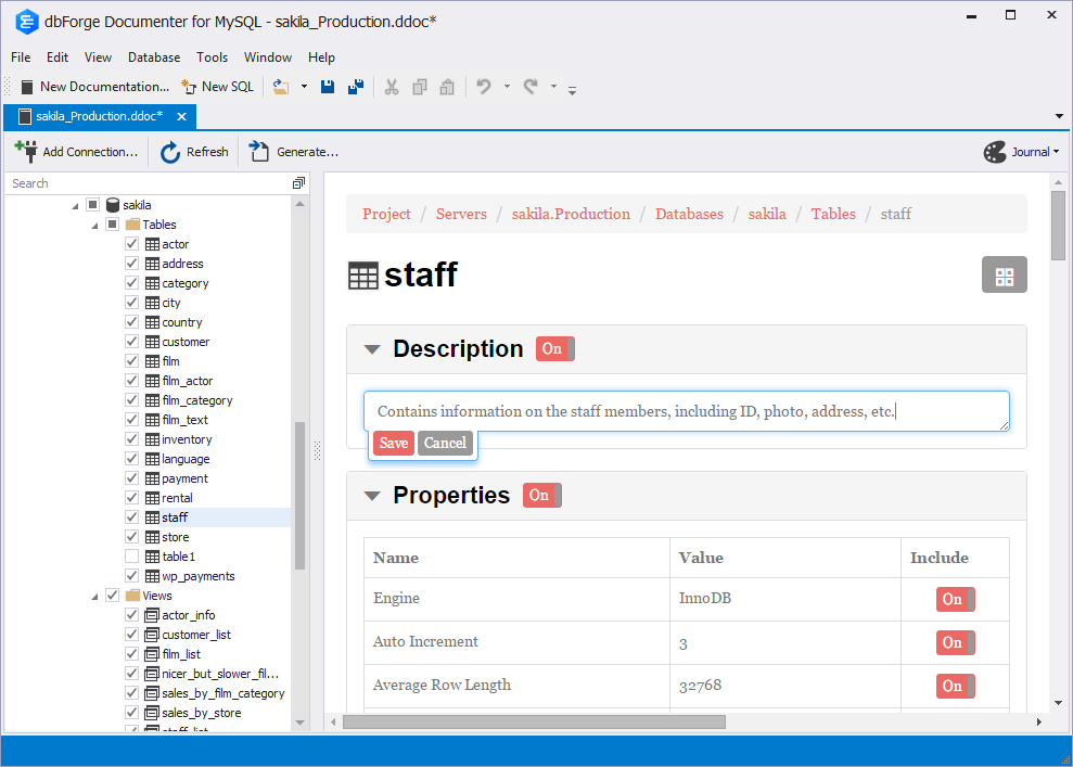 The description of db objects within dbForge Documenter for MySQL