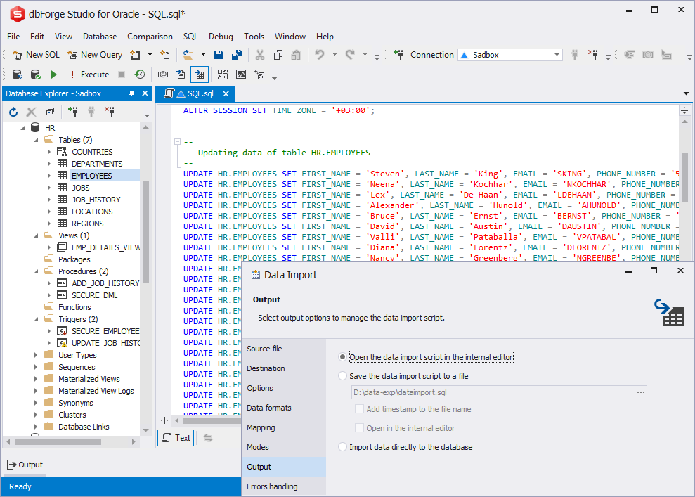 Preview of Generated Update Script in the Wizard