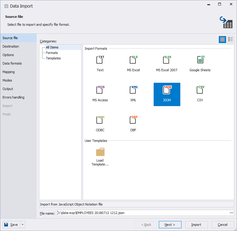 JSON format is supported within the Data Import and Data Export functionality