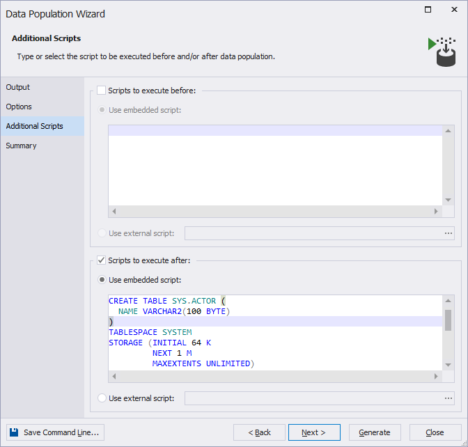 The new Additional Scripts tab within dbForge Data Generator for Oracle