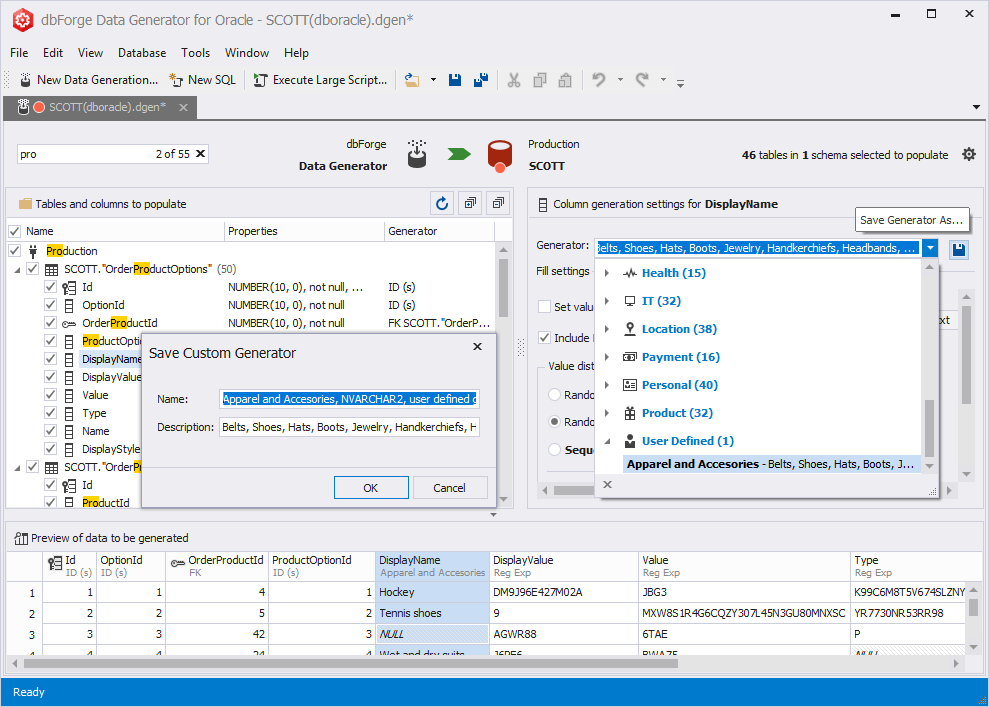 Save Custom Generator option in dbForge Data Generator for Oracle