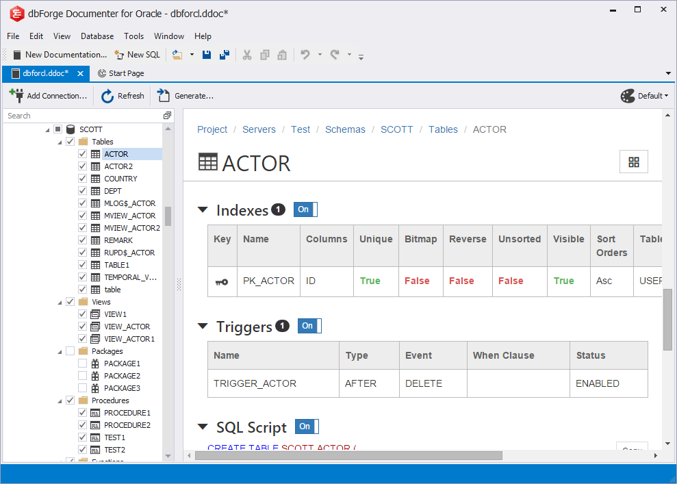 Detailed information on Database Structure within dbForge Documenter for Oracle