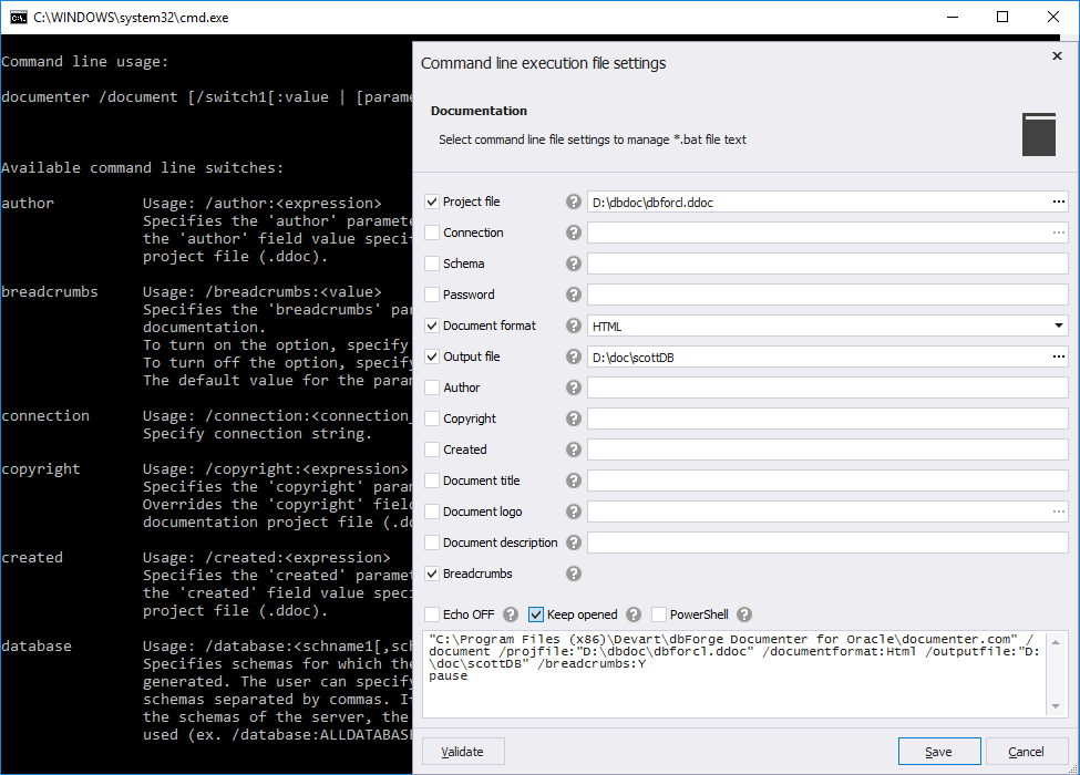 Automatic Database Documenting implemented through the command line interface in the Oracle Documenter