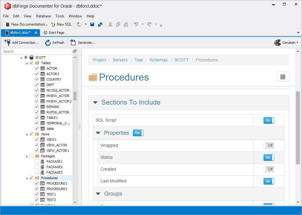 Rich options that allow selecting objects and properties for documenting