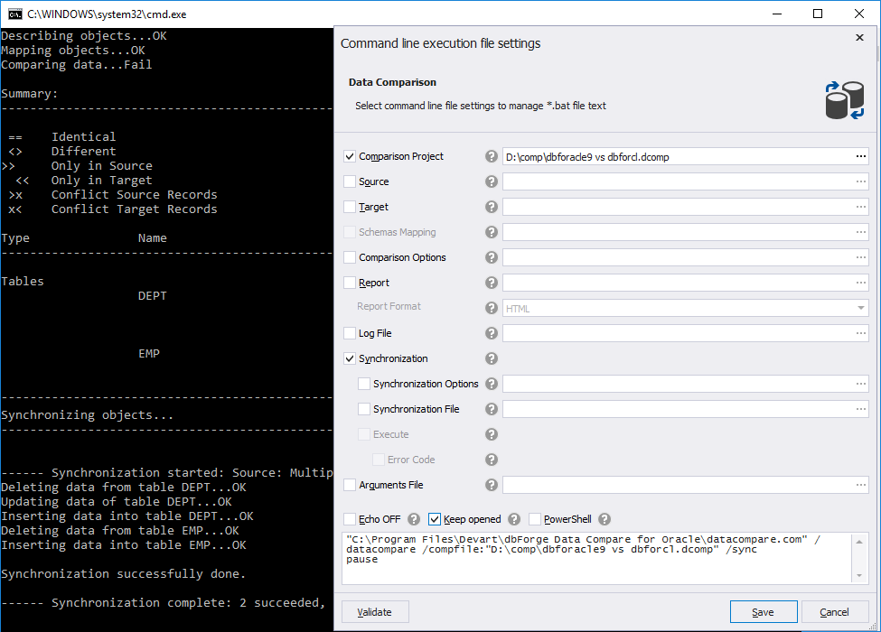 Automate routine data and schema comparison tasks via command line