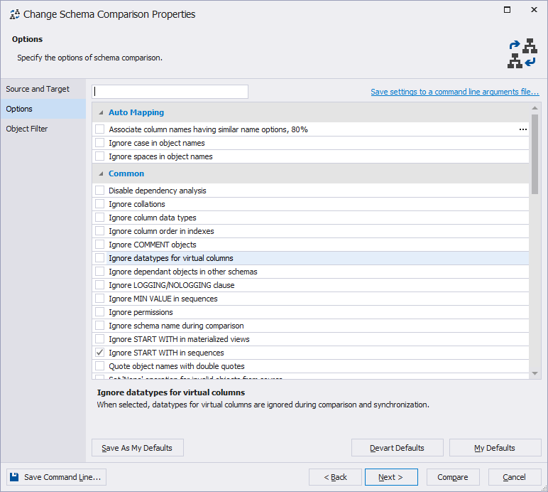 The new schema comparison options