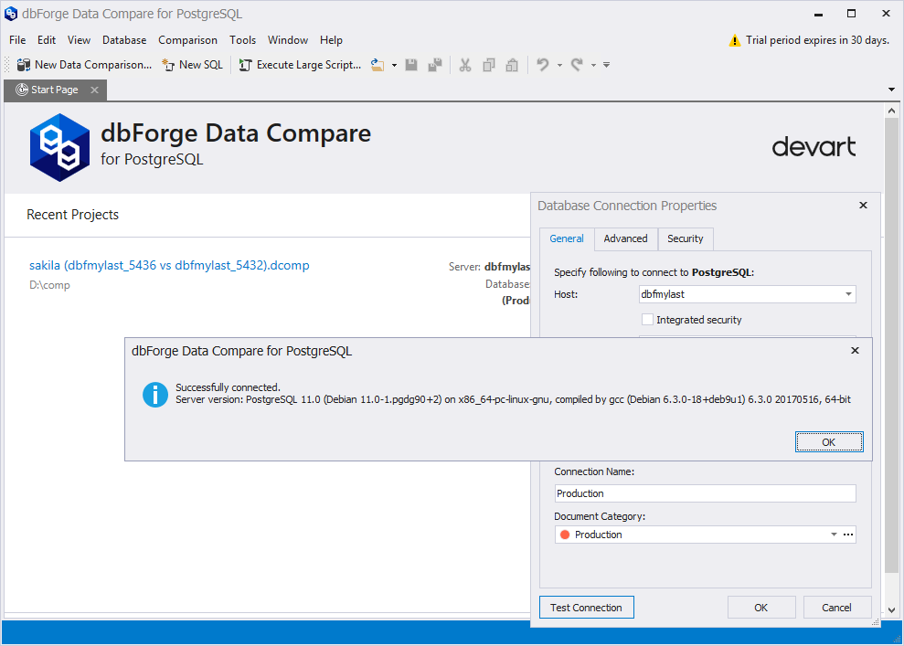 dbForge Data Compare for PostgreSQL is able to connect to the latest PostgreSQL 11.x