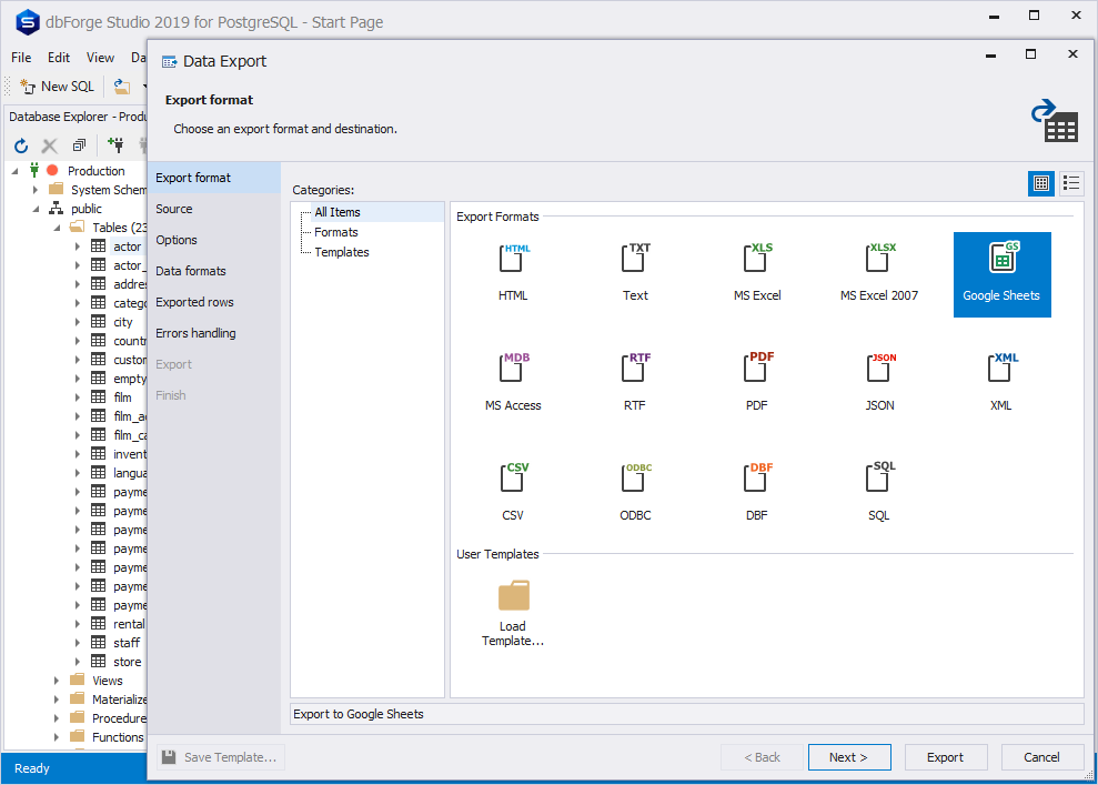 Multiple formats for data import and export supported by dbForge Studio for PostgreSQL