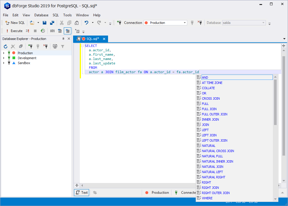 Extensive code completion support for the SELECT statement