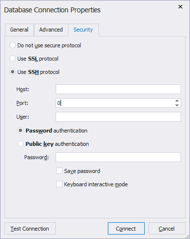 The connection via the SSH security protocol