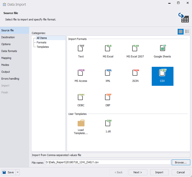 Pick the CSV format on the Source file tab