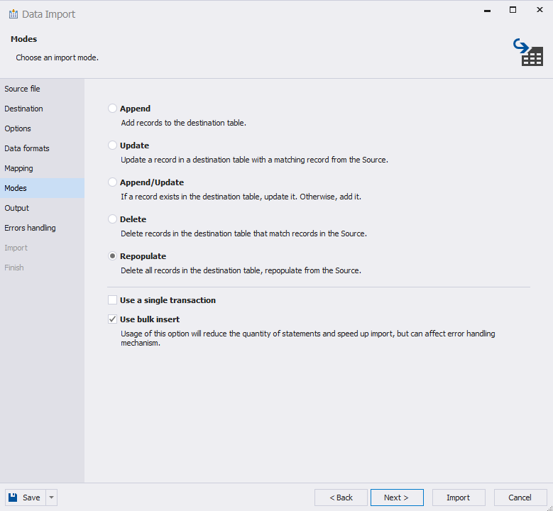 Choose the data import mode