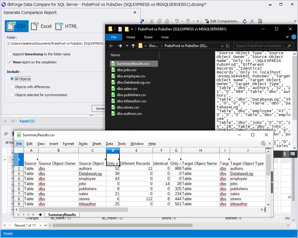 Multiple .csv files that make up Data Comparison Report