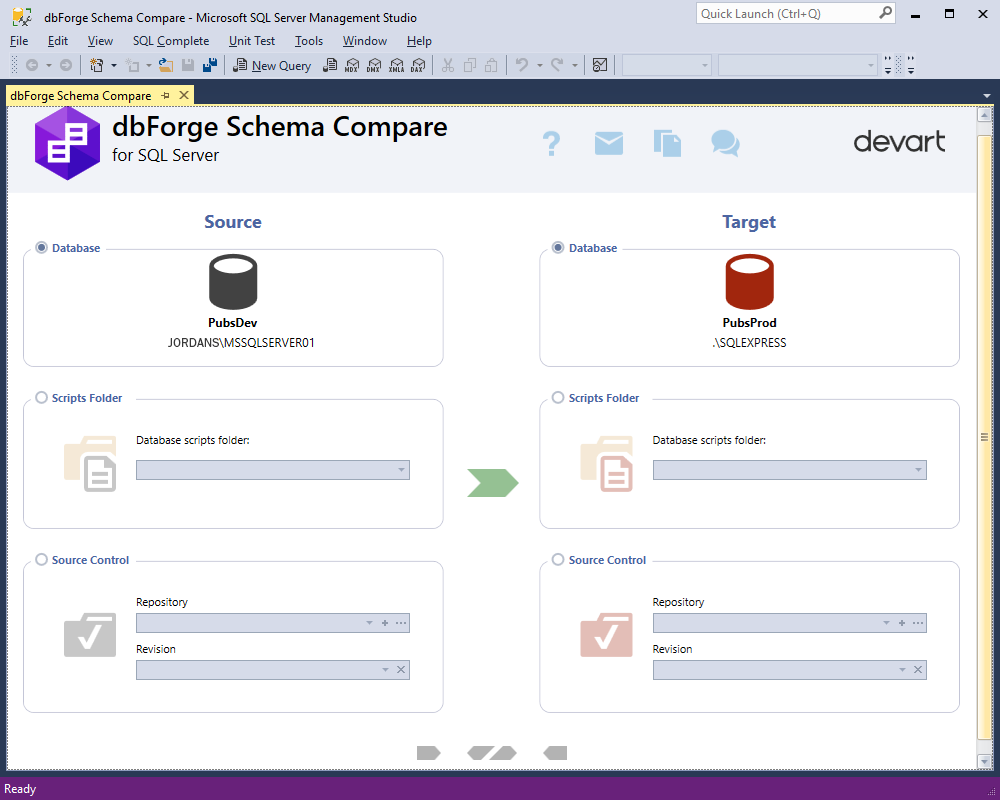 dbForge Schema Compare with the Source Control add-in