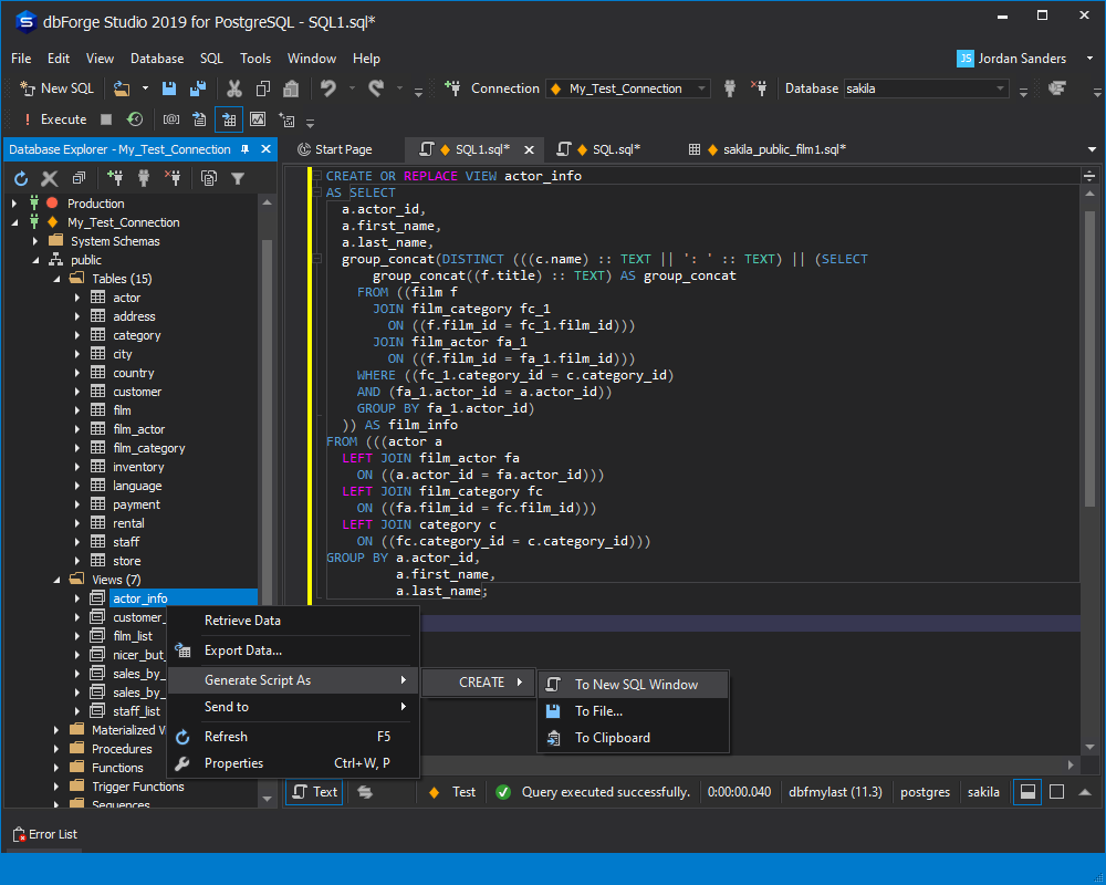 Generating a script for the CREATE statement in a new SQL window