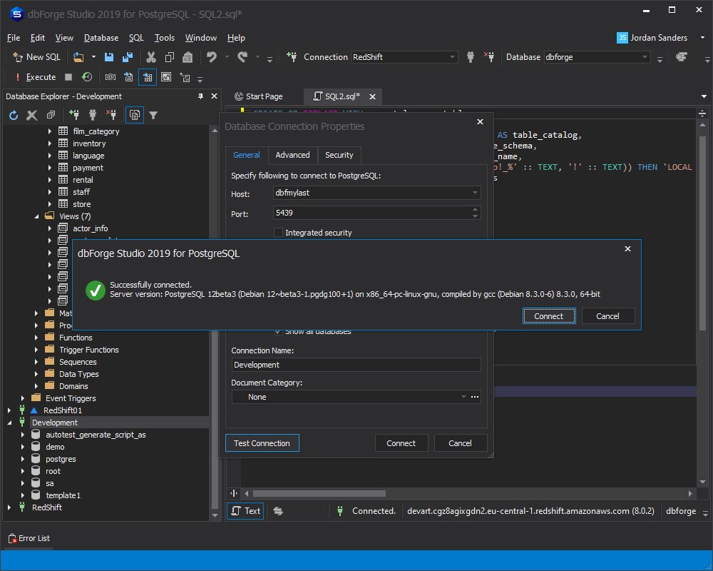 dbForge Studio for PostgreSQL successfully connected to PostgreSQL 12