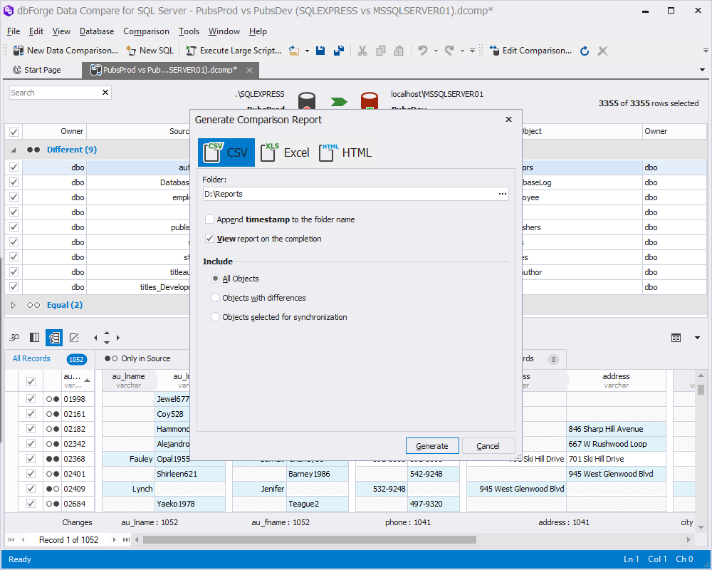 The new enhanced Data Comparison Report Window