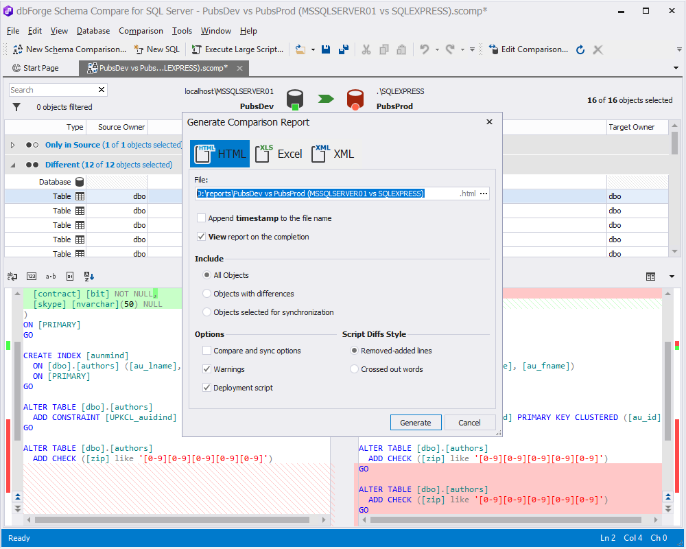 The new design of the Generate Comparison Report Window