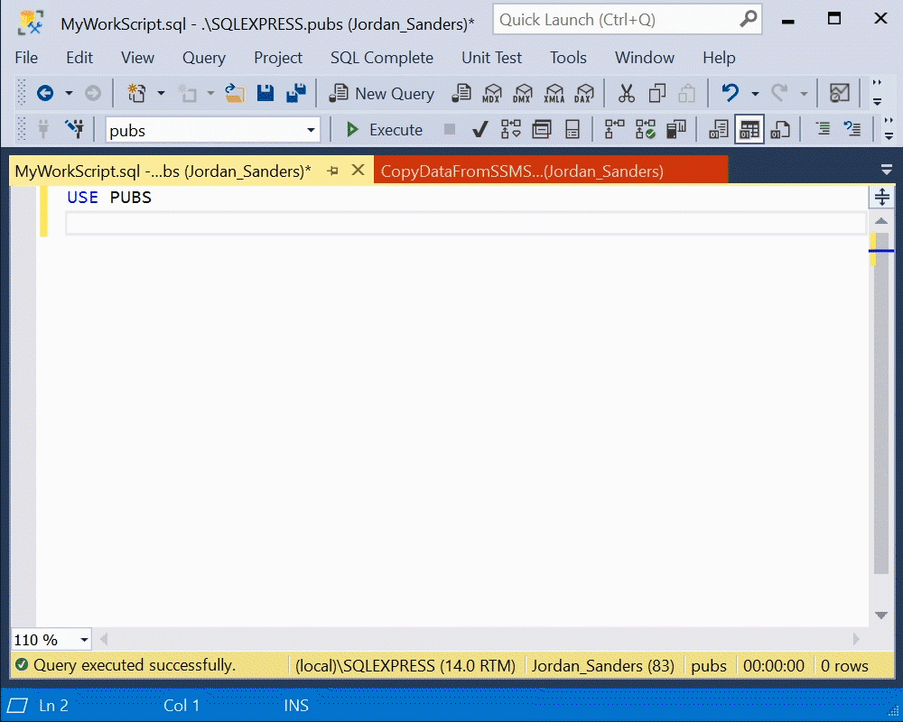 A pop-up hint with a column name in the VALUES clauses within the updated SQL Complete