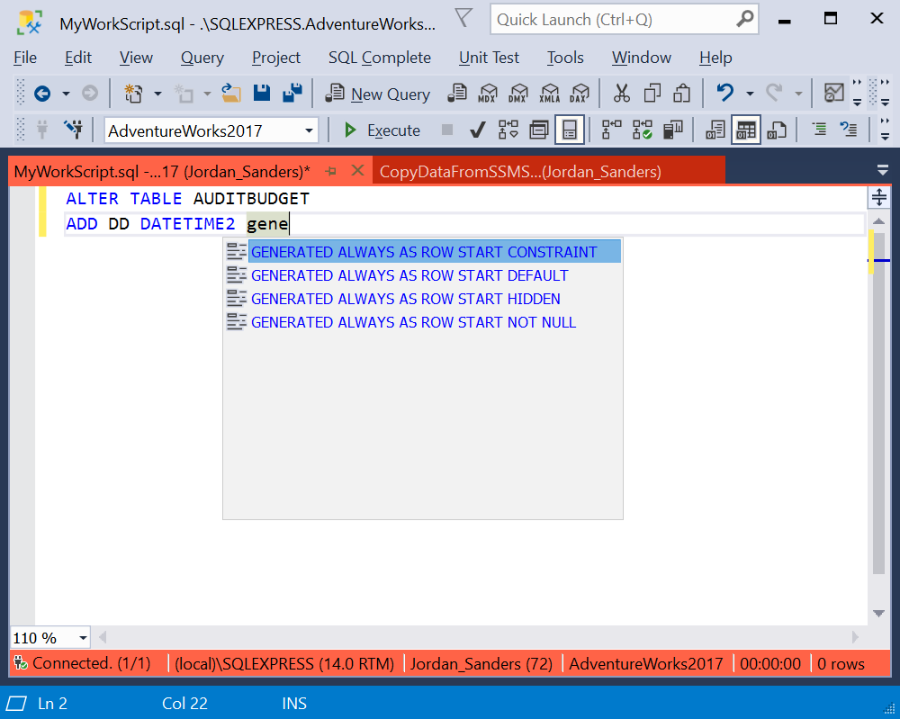 The GENERATED ALWAYS AS ROW START hint in the Completion List