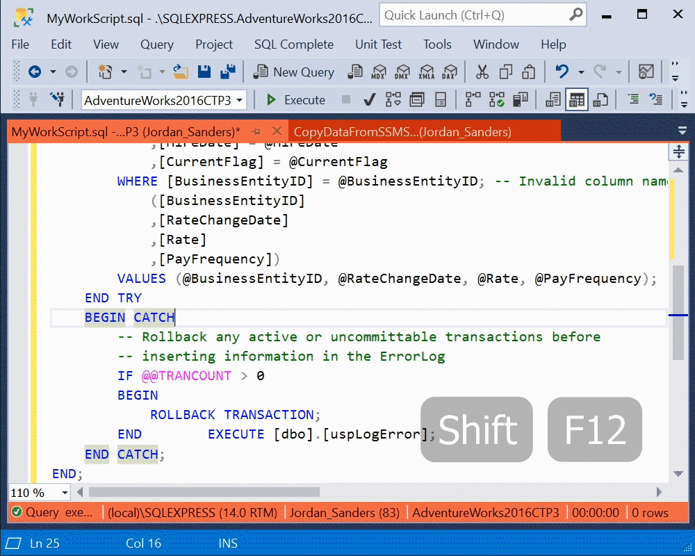 A jump implemented with the shortcut Shift+F12