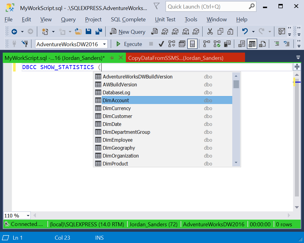 Prompts in the DBCC SHOW_STATISTICS statement
