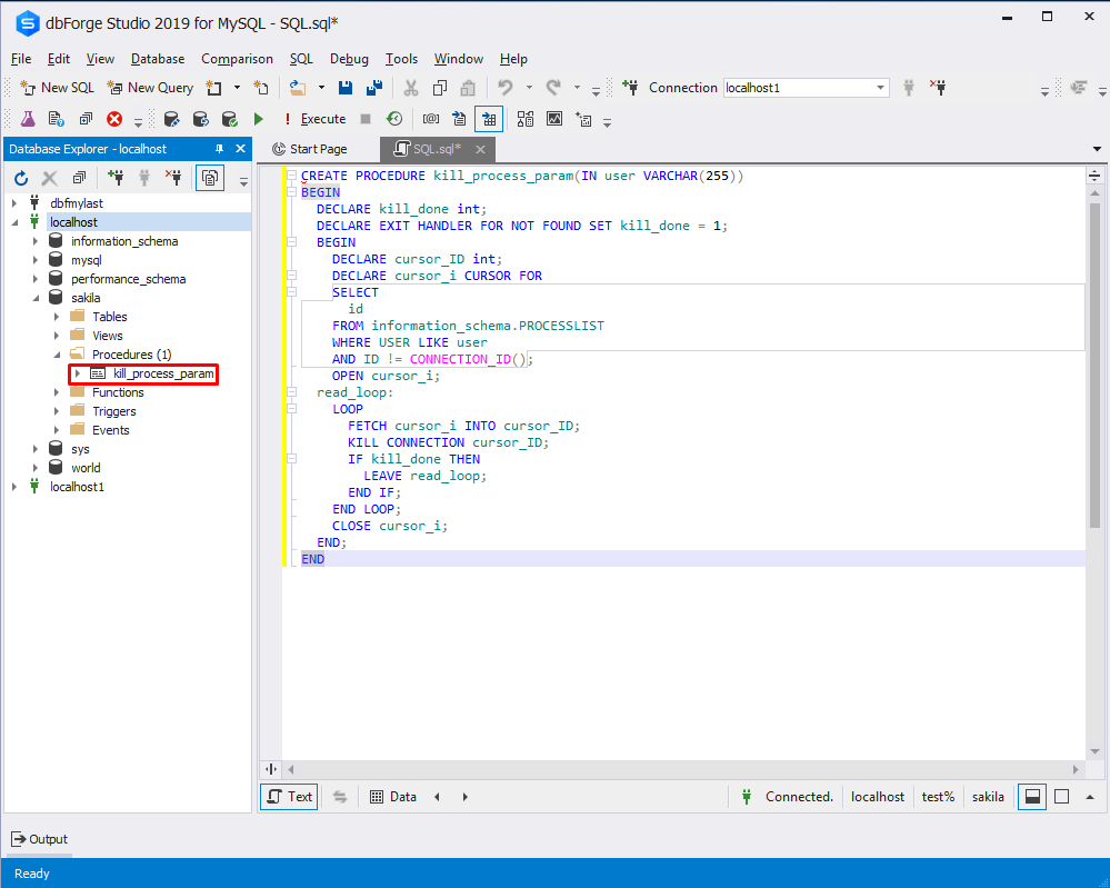 The procedure with parameters in dbForge Studio for MySQL