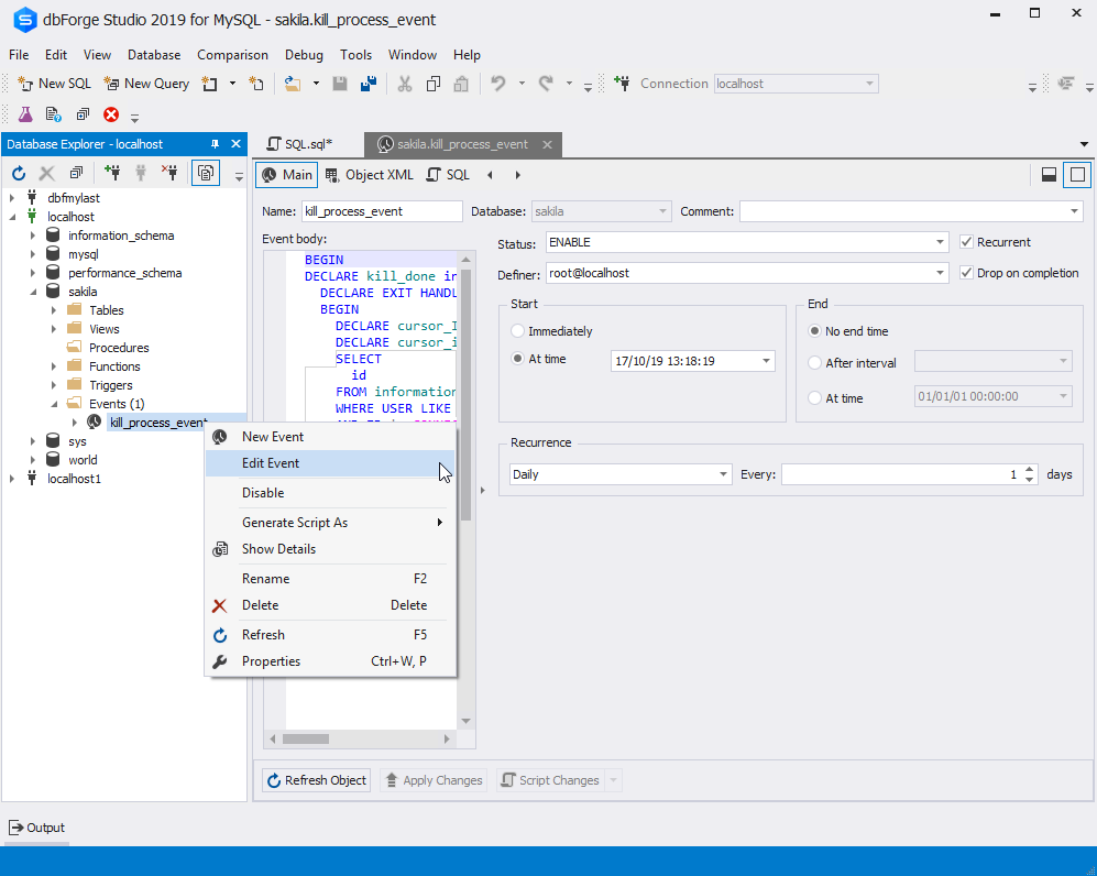 The Edit Event option in dbForge Studio for MySQL
