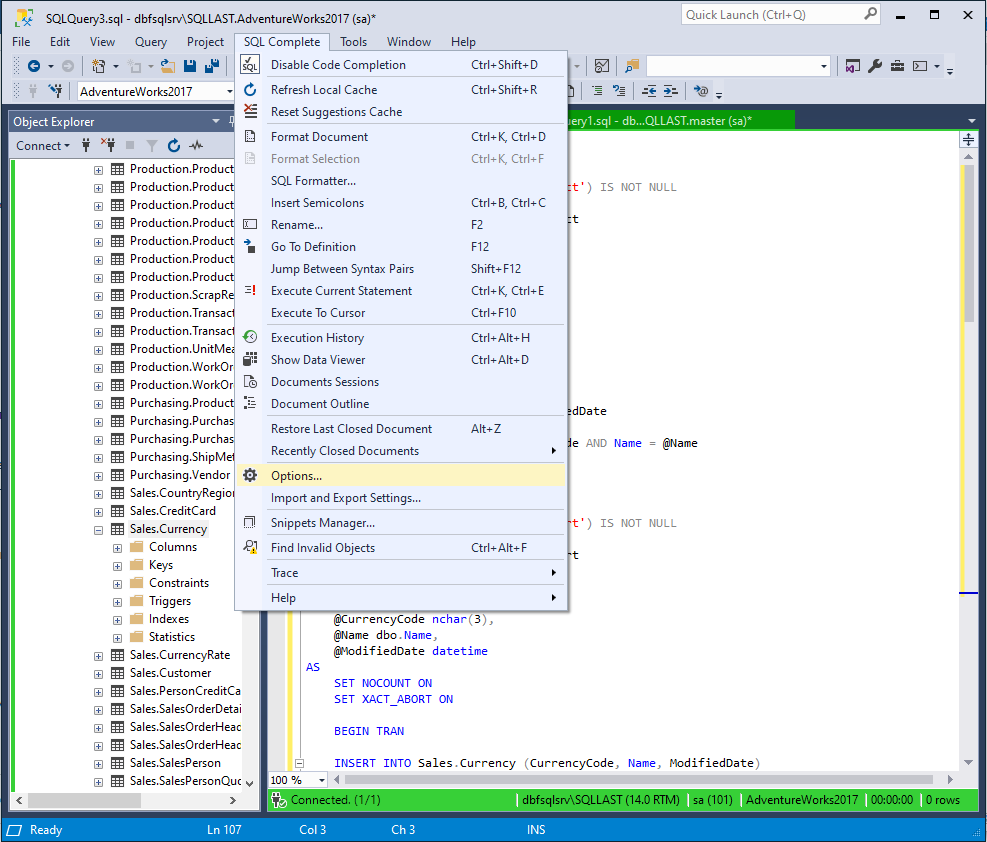 Accessing SQL Complete Options