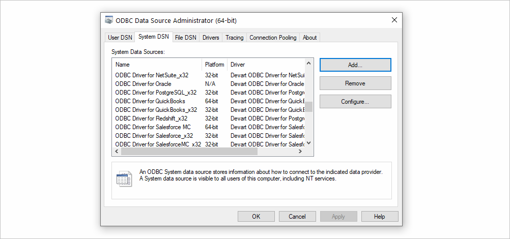 Add DSN for ODBC Driver for QuickBooks