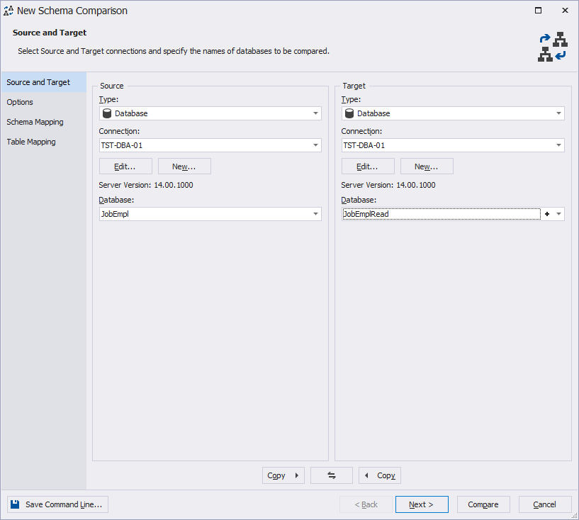 Database selection for schema synchronization