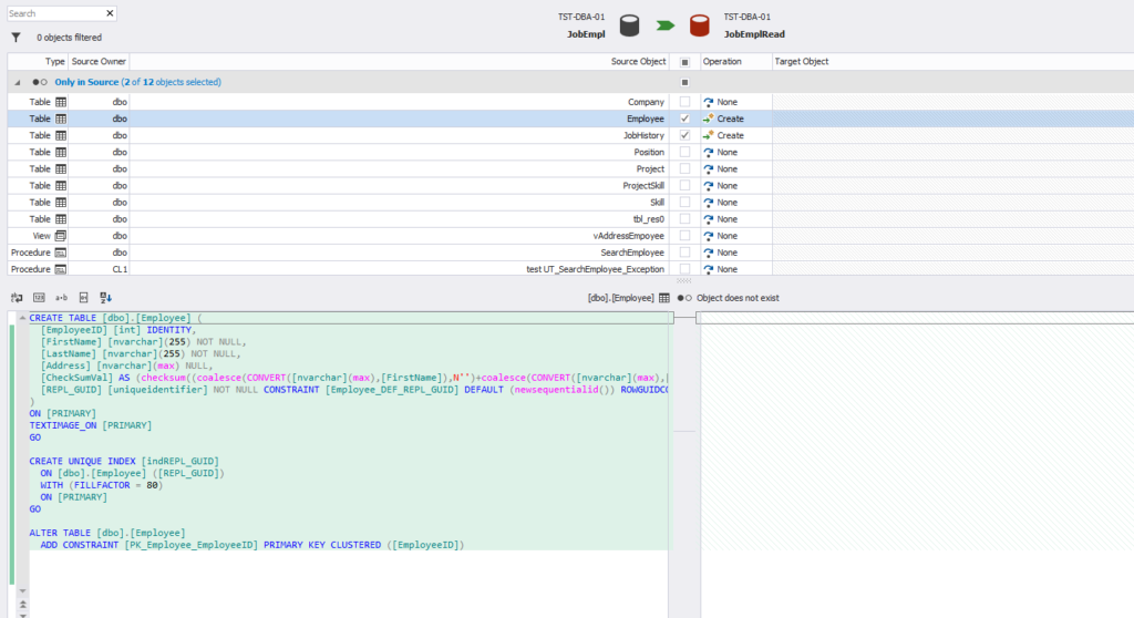 Selecting tables for schema synchronization