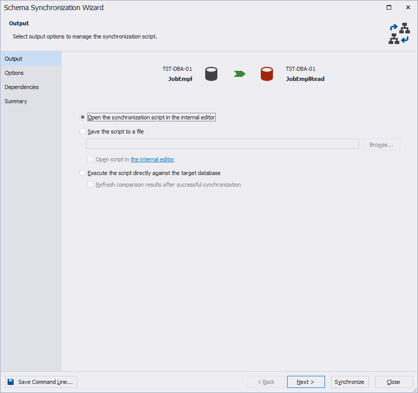 Selecting script generation as a synchronization output