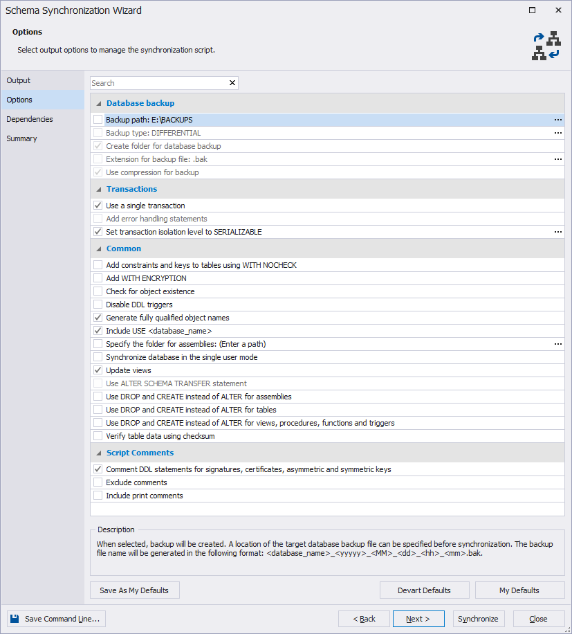 Unselecting the backup creation option