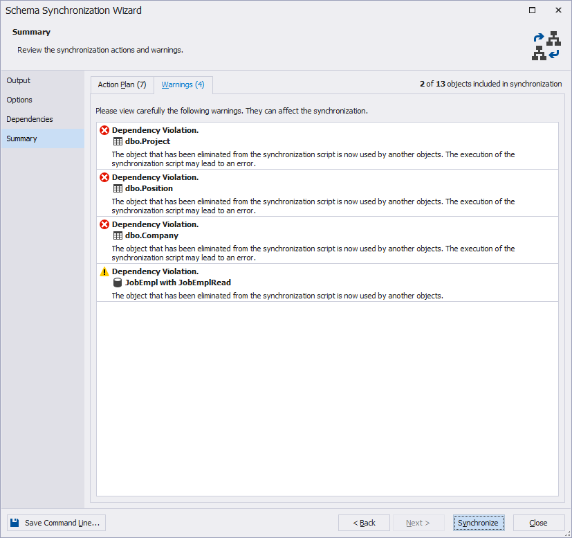 Schema Compare Warnings