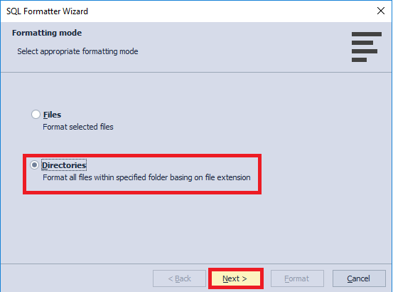 The Directories option in the SQL Formatter Wizard